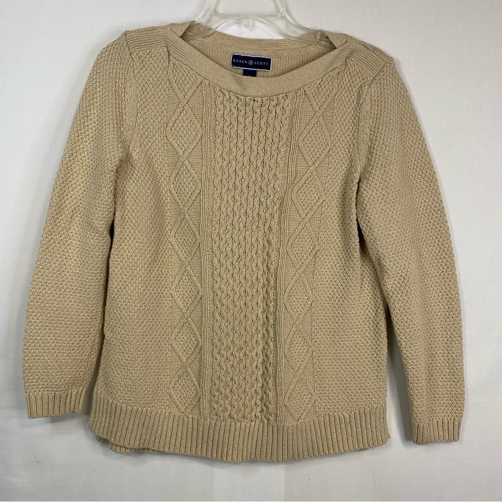 KAREN SCOTT Crew Neck Sweater Tan and Gold Size Medium